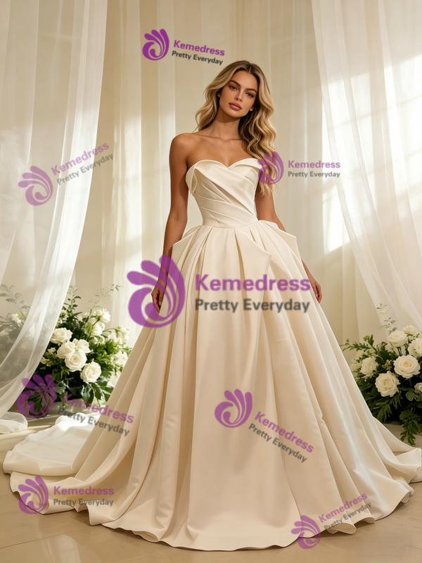 Ivory Satin Strapless Pleats Wedding Dress