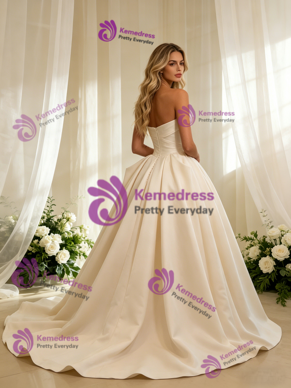Ivory Satin Strapless Pleats Wedding Dress