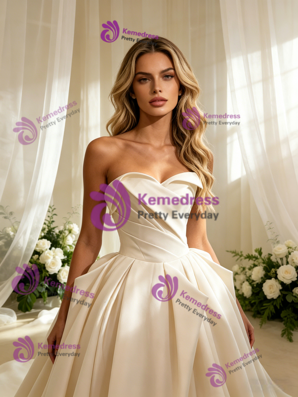 Ivory Satin Strapless Pleats Wedding Dress