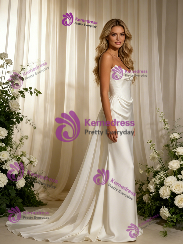 White Mermaid Satin Strapless Pleats Wedding Dress