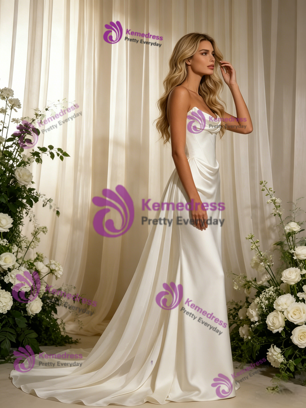 White Mermaid Satin Strapless Pleats Wedding Dress
