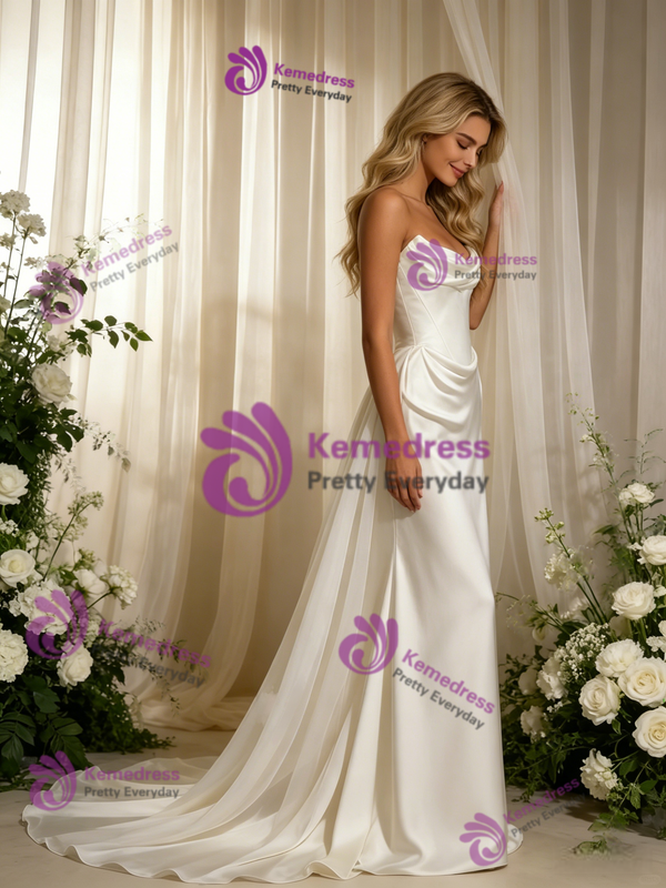 White Mermaid Satin Strapless Pleats Wedding Dress