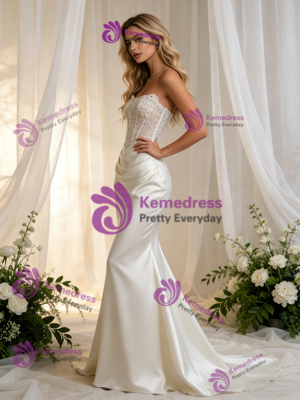 White Mermaid Satin Strapless Lace Wedding Dress