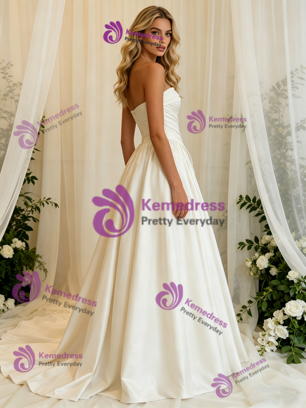 Ivory Satin Strapless Pleats Wedding Dress
