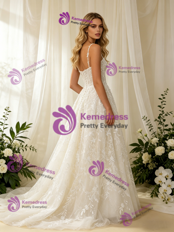 Tulle Appliques Spaghetti Straps Wedding Dress
