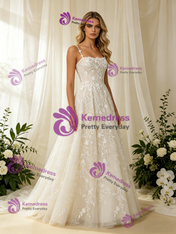 Tulle Appliques Spaghetti Straps Wedding Dress