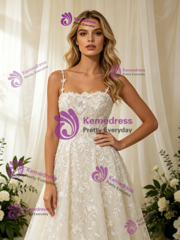 Tulle Appliques Spaghetti Straps Wedding Dress
