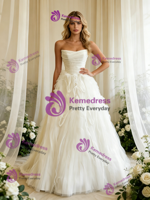 White Tulle Strapless Pleats Wedding Dress