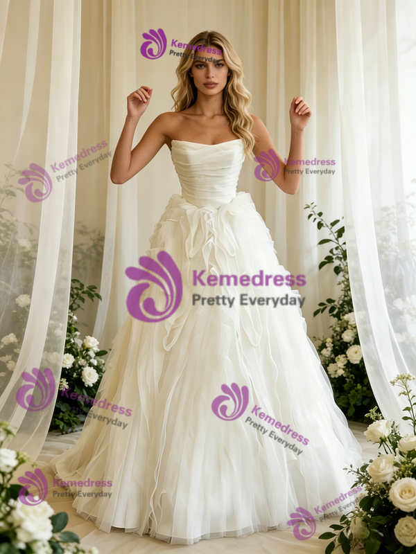 White Tulle Strapless Pleats Wedding Dress