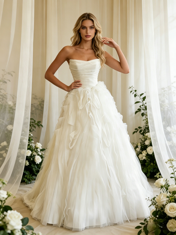 White Tulle Strapless Pleats Wedding Dress