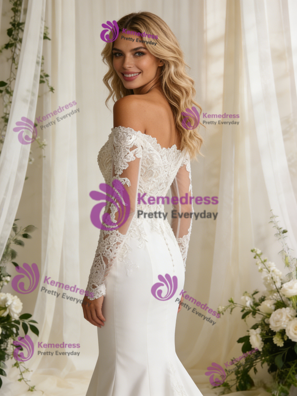 White Mermaid Long Sleeve Appliques Wedding Dress