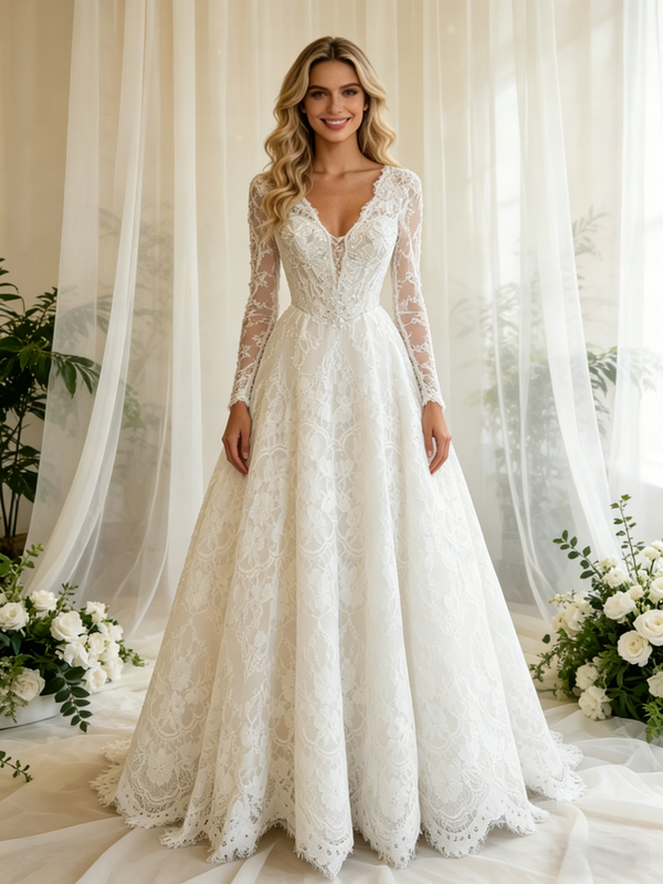 White Lace Long Sleeve V-neck Wedding Dress