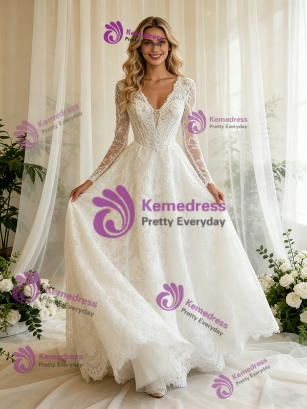 White Lace Long Sleeve V-neck Wedding Dress