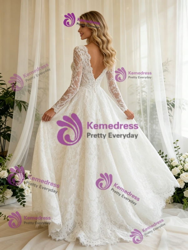 White Lace Long Sleeve V-neck Wedding Dress