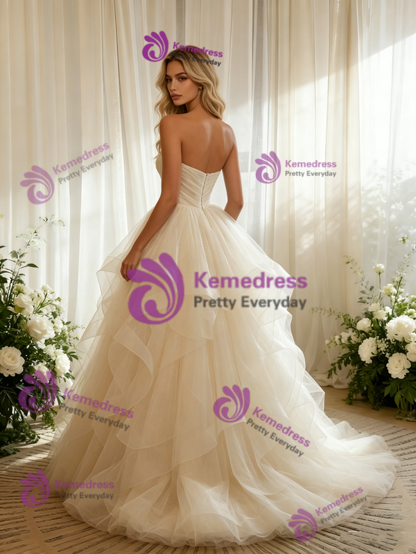 Ivory Tulle Strapless Pleats Wedding Dress