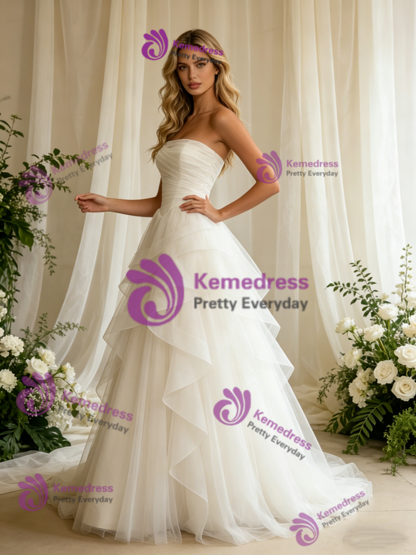 White Tulle Strapless Pleats Wedding Dress