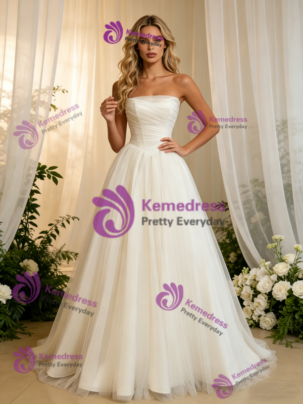 White Tulle Strapless Pleats Wedding Dress