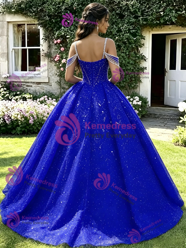 Royal Blue Sequins Straps Beading Quinceanera Dress