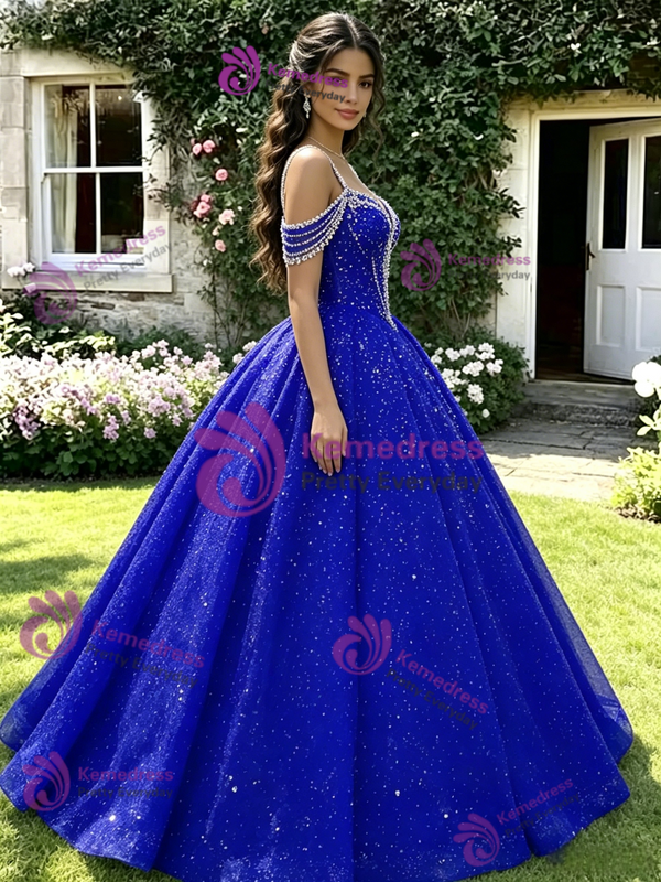 Royal Blue Sequins Straps Beading Quinceanera Dress