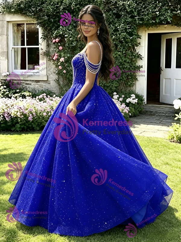 Royal Blue Sequins Straps Beading Quinceanera Dress