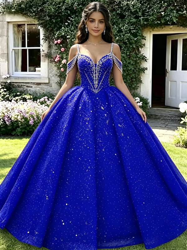 Royal Blue Sequins Straps Beading Quinceanera Dress