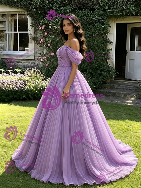 Purple Tulle Off the Shoulder Pleats Quinceanera Dress