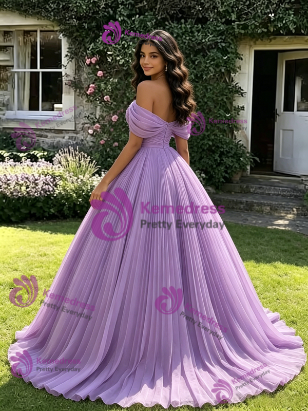 Purple Tulle Off the Shoulder Pleats Quinceanera Dress