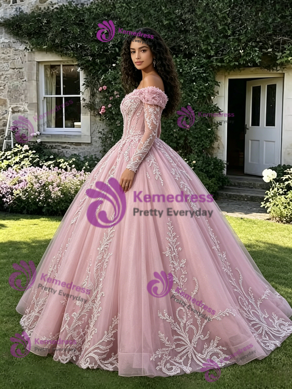 Pink Tulle Off the Shoulder Long Sleeve Quinceanera Dress
