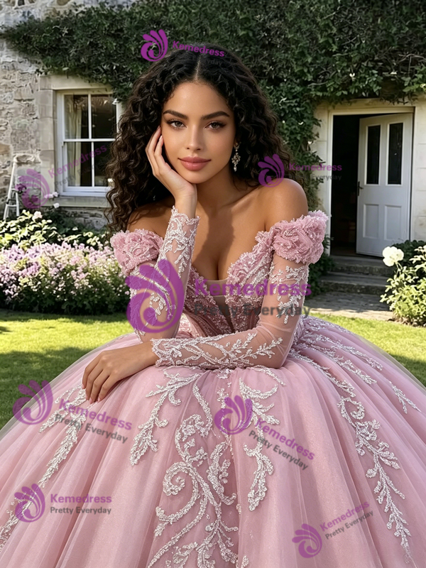 Pink Tulle Off the Shoulder Long Sleeve Quinceanera Dress