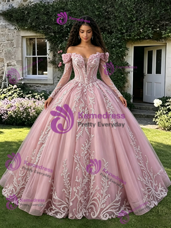 Pink Tulle Off the Shoulder Long Sleeve Quinceanera Dress