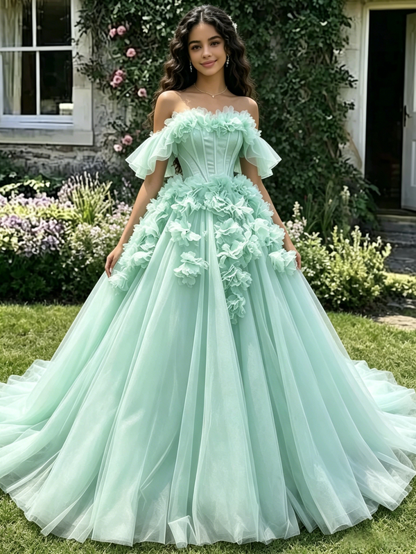 Green Tulle 3D Flower Quinceanera Dress