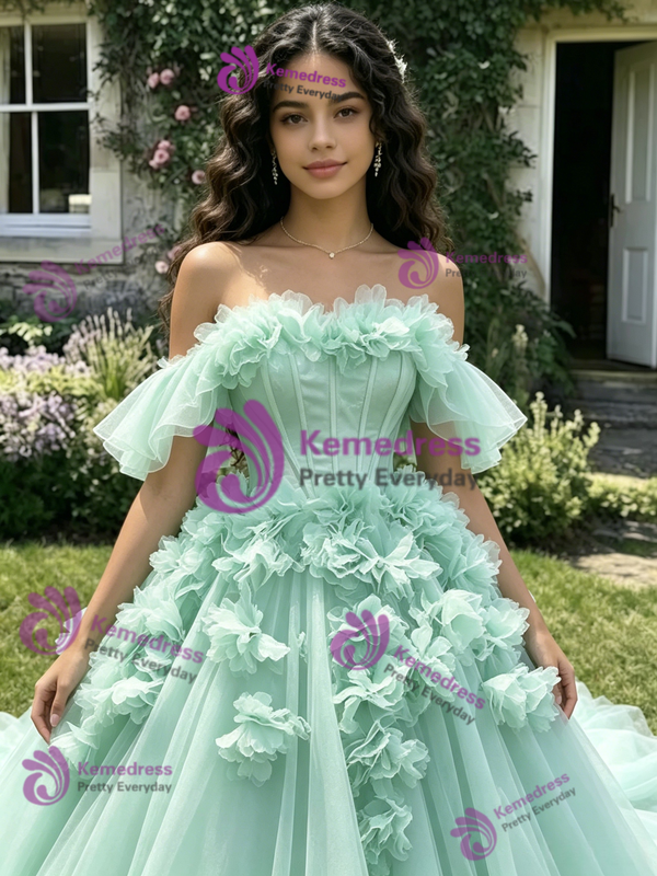 Green Tulle 3D Flower Quinceanera Dress