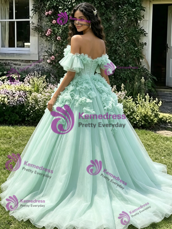 Green Tulle 3D Flower Quinceanera Dress