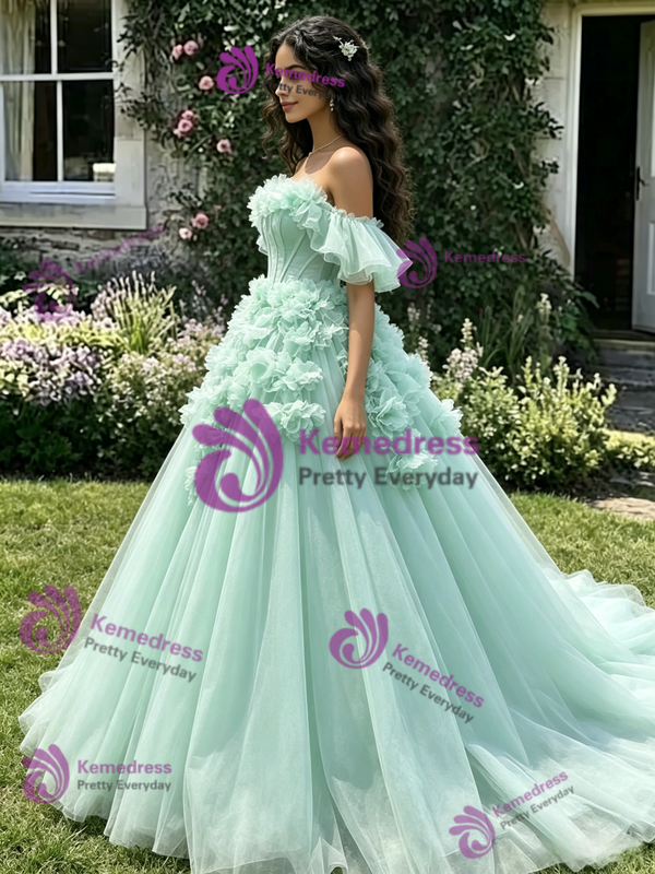 Green Tulle 3D Flower Quinceanera Dress