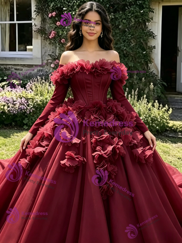Burgundy Tulle Long Sleeve 3D Flower Quinceanera Dress