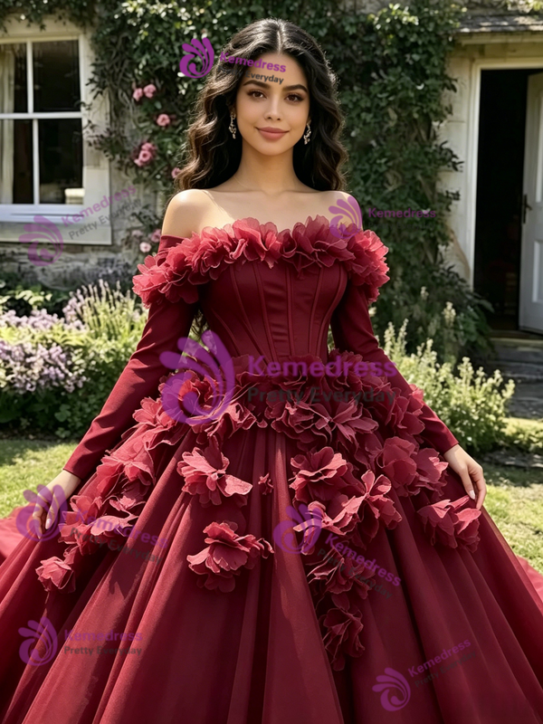 Burgundy Tulle Long Sleeve 3D Flower Quinceanera Dress