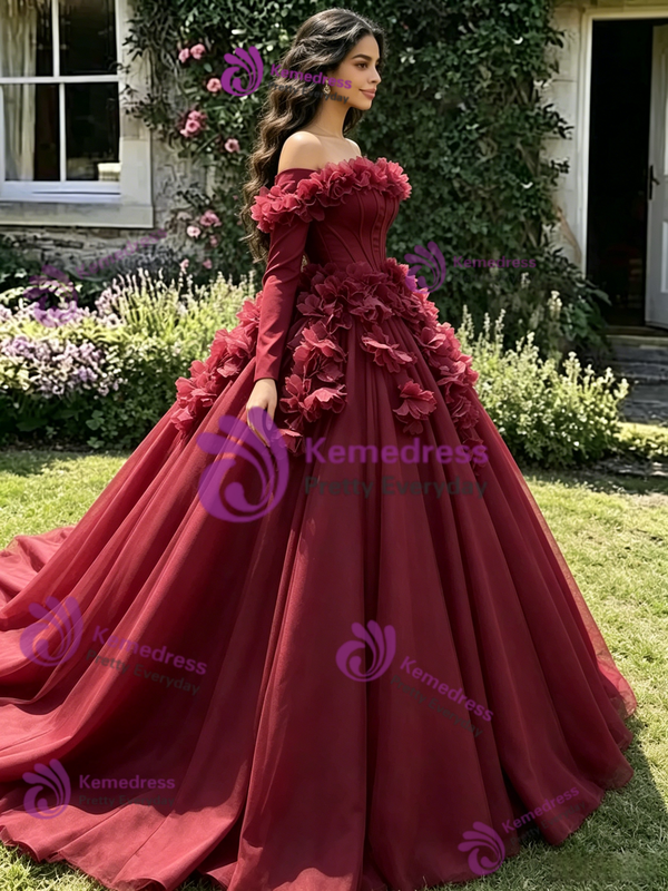 Burgundy Tulle Long Sleeve 3D Flower Quinceanera Dress