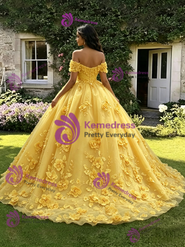 Yellow Tulle 3D Appliques Quinceanera Dress