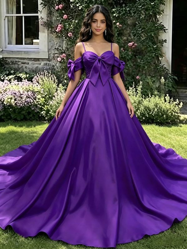 Purple Satin Straps Bow Quinceanera Dress