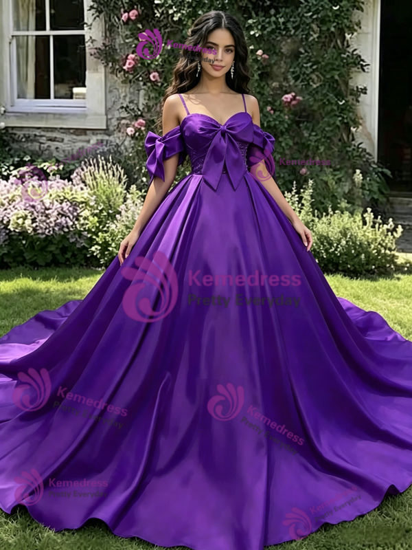 Purple Satin Straps Bow Quinceanera Dress