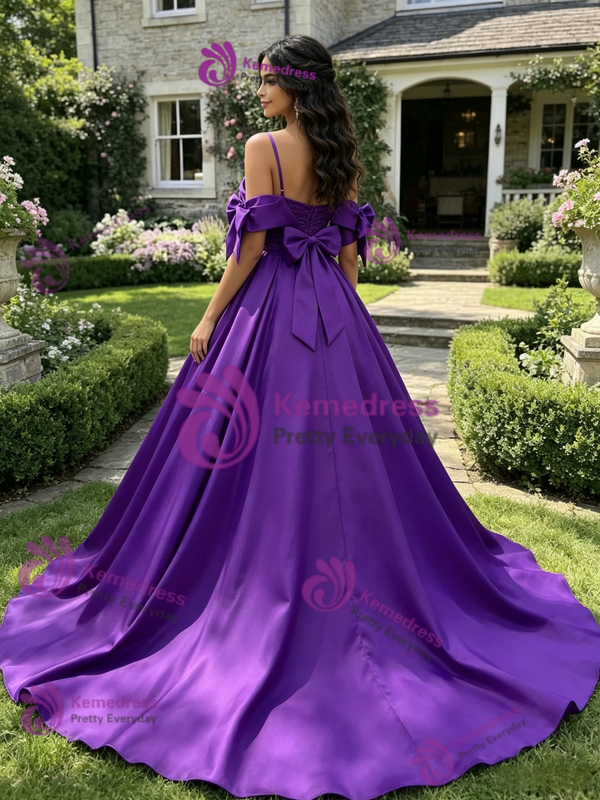 Purple Satin Straps Bow Quinceanera Dress