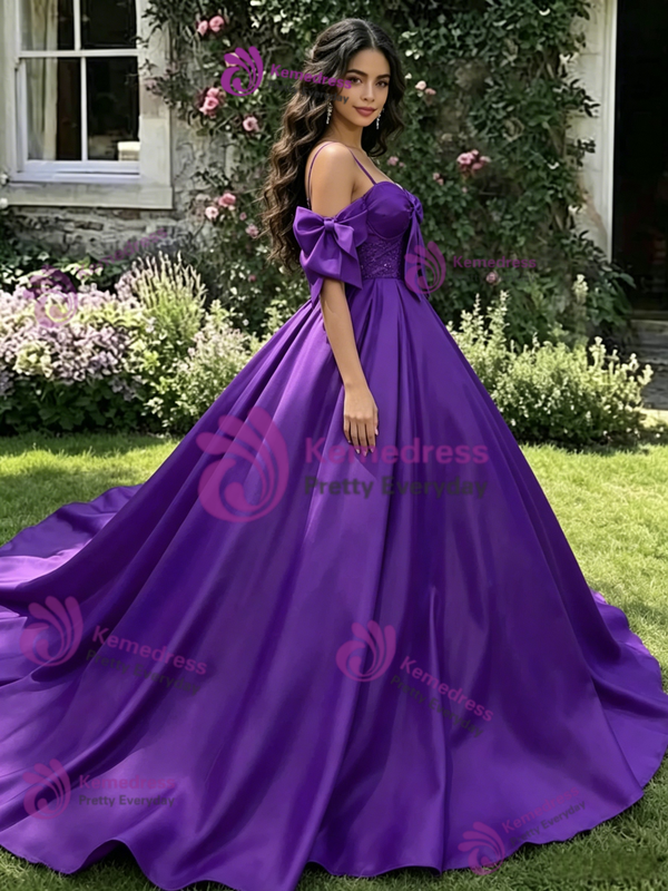 Purple Satin Straps Bow Quinceanera Dress