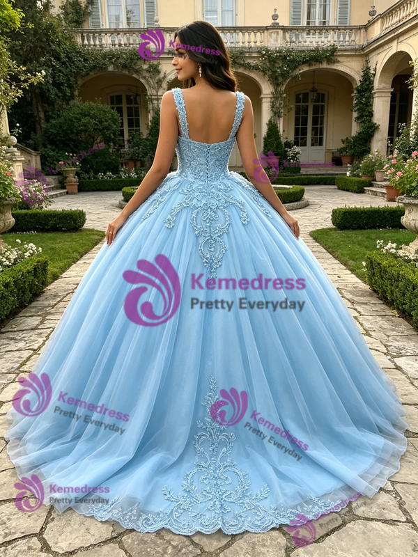 Blue Tulle Straps Lace Appliques Quinceanera Dress