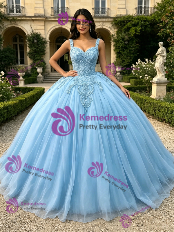 Blue Tulle Straps Lace Appliques Quinceanera Dress