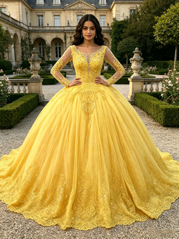 Yellow Tulle Appliques Quinceanera Dress