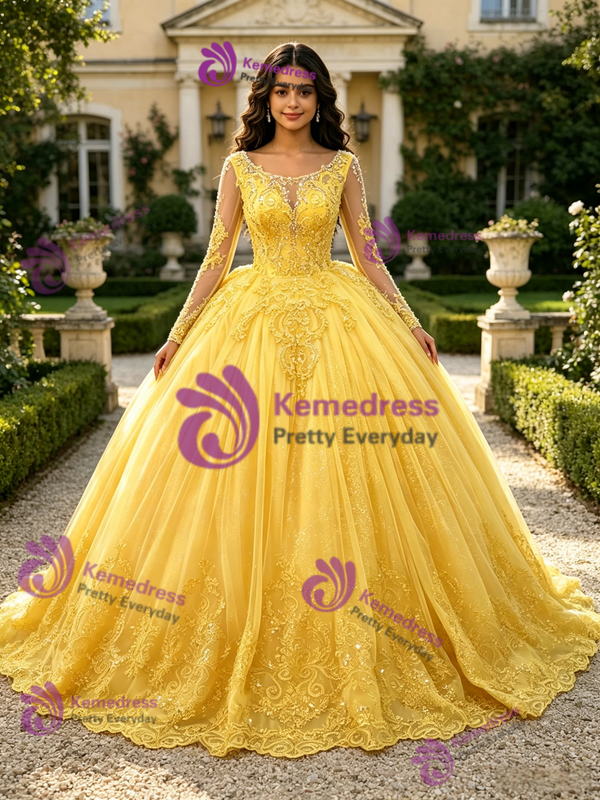 Yellow Tulle Appliques Quinceanera Dress
