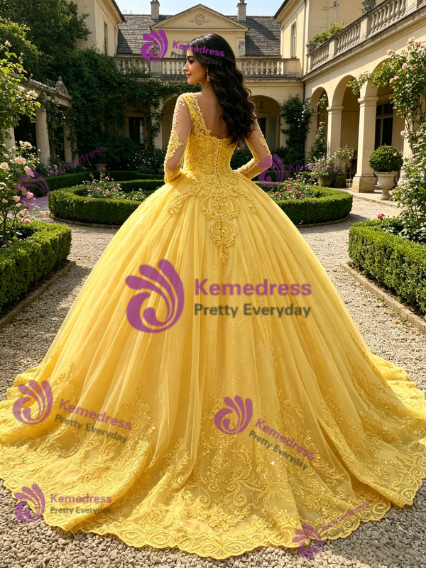 Yellow Tulle Appliques Quinceanera Dress