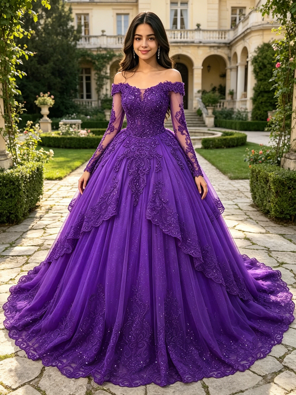 Purple Tulle Off the Shoulder Lace Appliques Quinceanera Dress