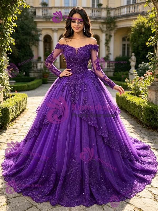 Purple Tulle Off the Shoulder Lace Appliques Quinceanera Dress