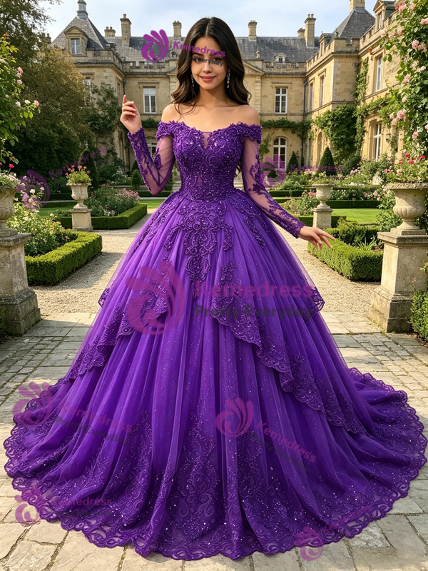 Purple Tulle Off the Shoulder Lace Appliques Quinceanera Dress